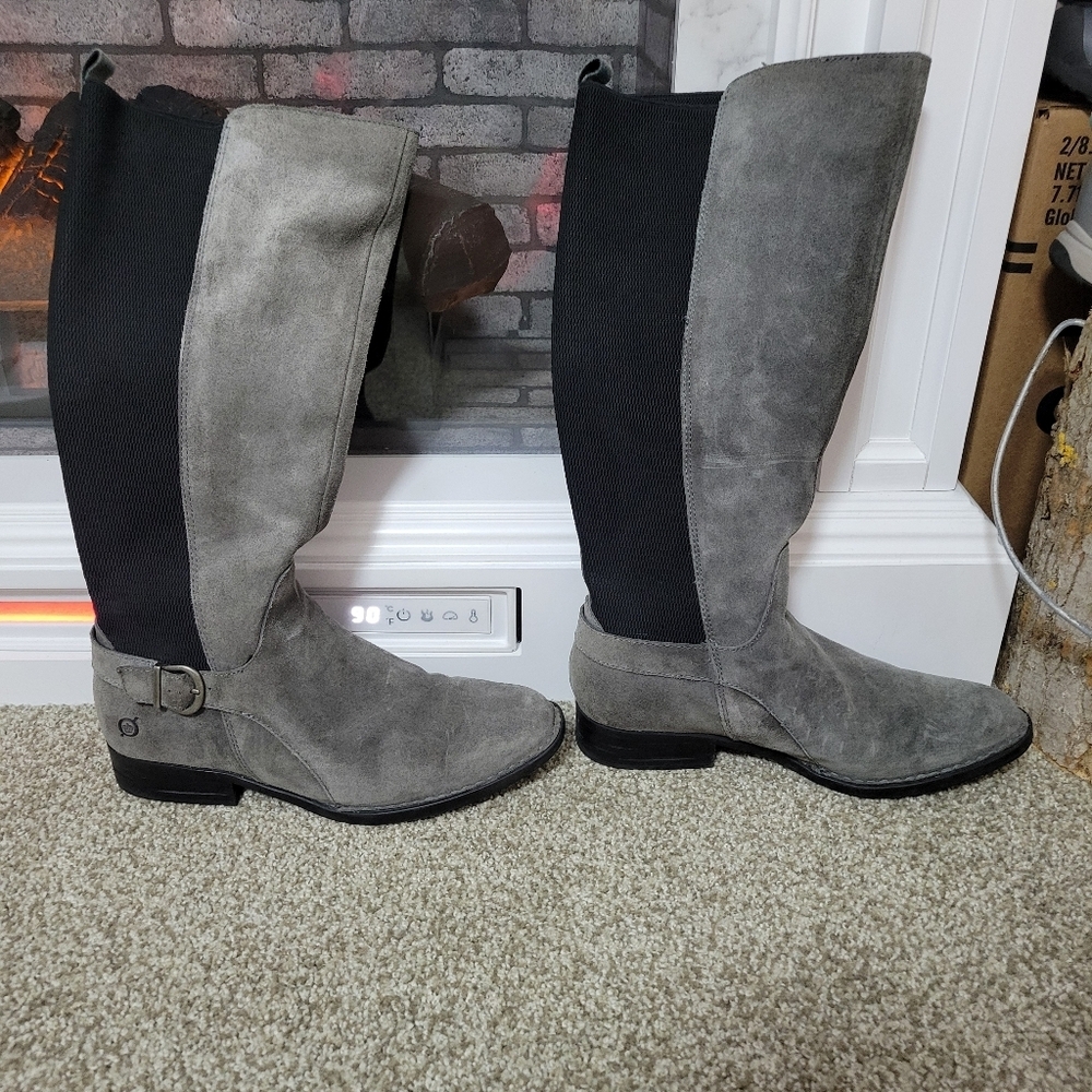 Born Womens Grey Suede Leather Strechy Slip On Riding Equestrian Boots Size 8.5
